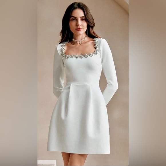 Dresses & Skirts - ✨ NWT White Crystal Neckline Cocktail Dress – Elegant Long Sleeve Knit Mini